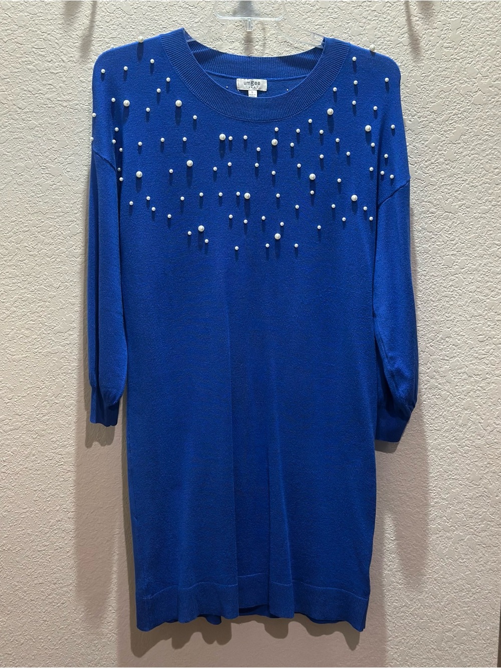 Umgee Cobalt Blue Long Sleeve Pearl-Embellished Knit Dress